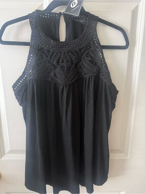 Black Crochet Yoke High-Neck Tank Top